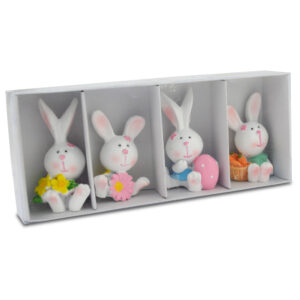 Dekofigur Miniatur Hasen mit Blume, Möhre und Ei