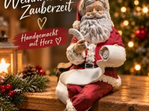 Handbemalter Weihnachtsmann aus Keramik zum Sitzen auf einer Kante, etwa 35 cm hoch