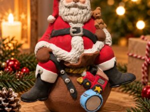 Handbemalter kleiner Weihnachtsmann aus Keramik, sitzend auf einem Sack