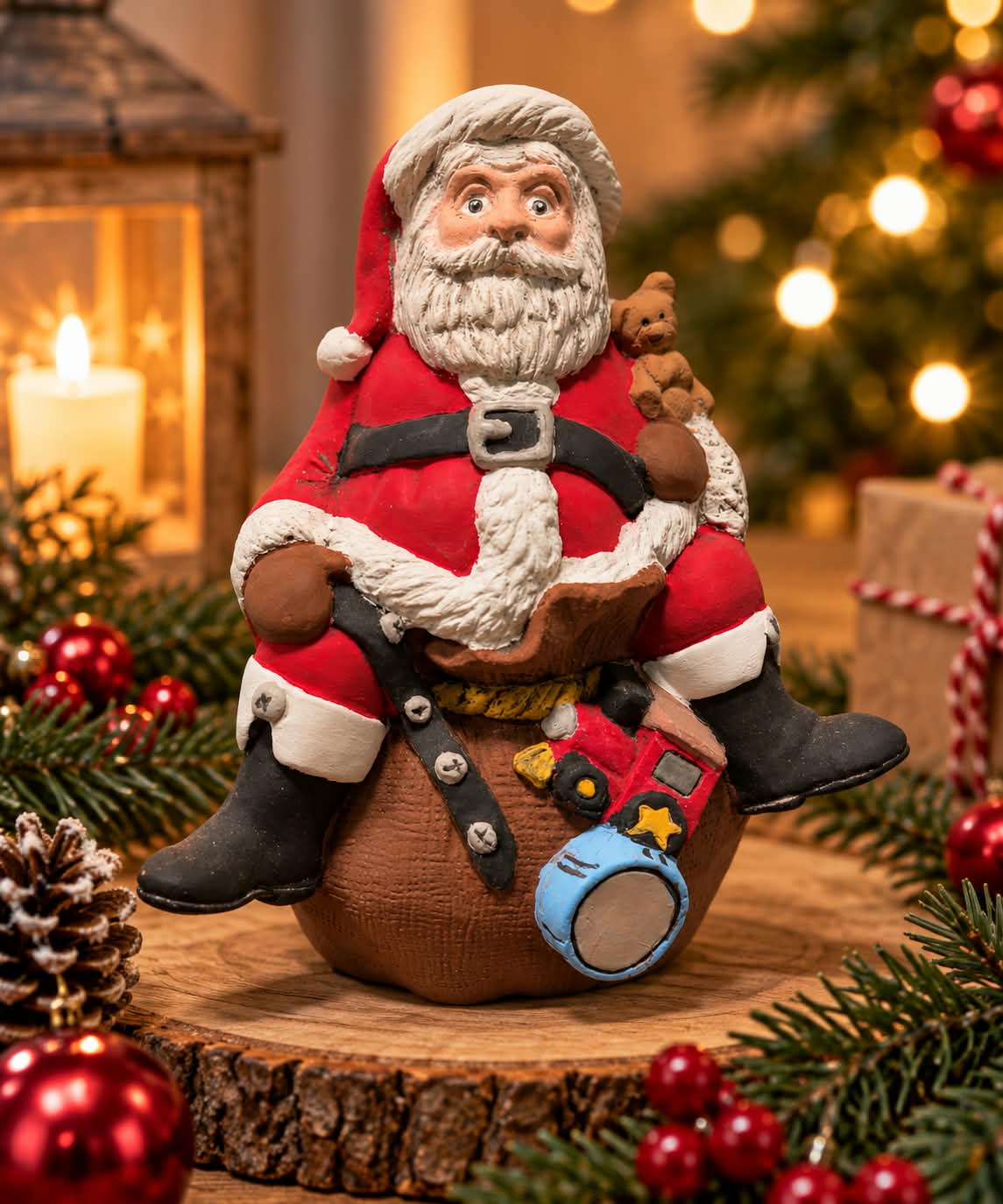 Handbemalter kleiner Weihnachtsmann aus Keramik, sitzend auf einem Sack