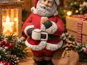 Kleine handbemalte Weihnachtsmannfigur mit Santa-Tasse aus Keramik