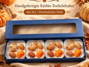 Handgefertigtes Set aus vier herbstlichen Kürbis-Teelichtern in einer Geschenkbox