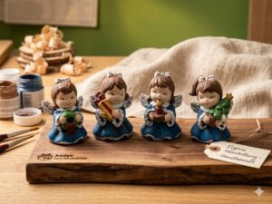Vier handbemalte Weihnachtsengel aus Keramik in eigener Herstellung